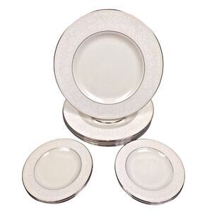 Pickard China Brocade 6 Dinner Plates 10 5/8" + 6 Desert Bread White Ivory EUC